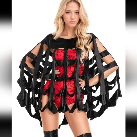 Black Wet Look Spider Web Cut Out Design Poncho (OS) (Costume Idea In Listings) - Picture 6 of 8